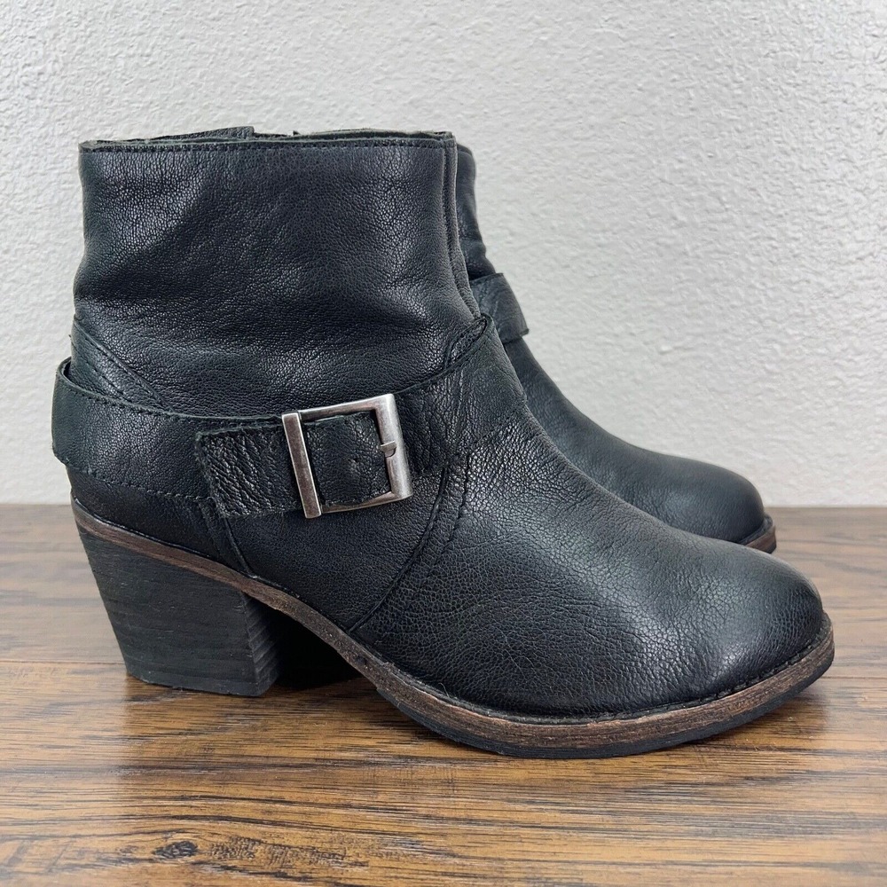 Faryl Robin Women's Boots Size 7.5 Black Leather Block Heel‎ Buckle Zip Booties
